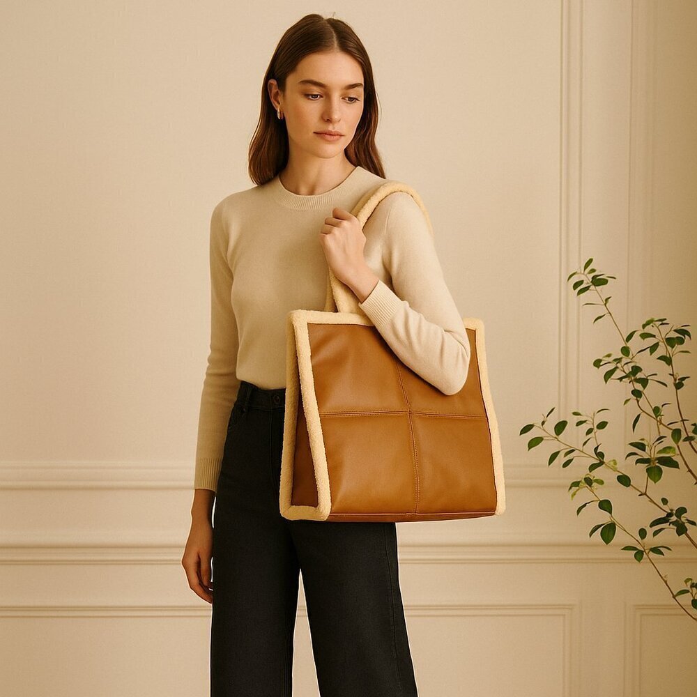 Sondra Roberts Quilted Shopper with Shearling Trim in Caramel NWOT
